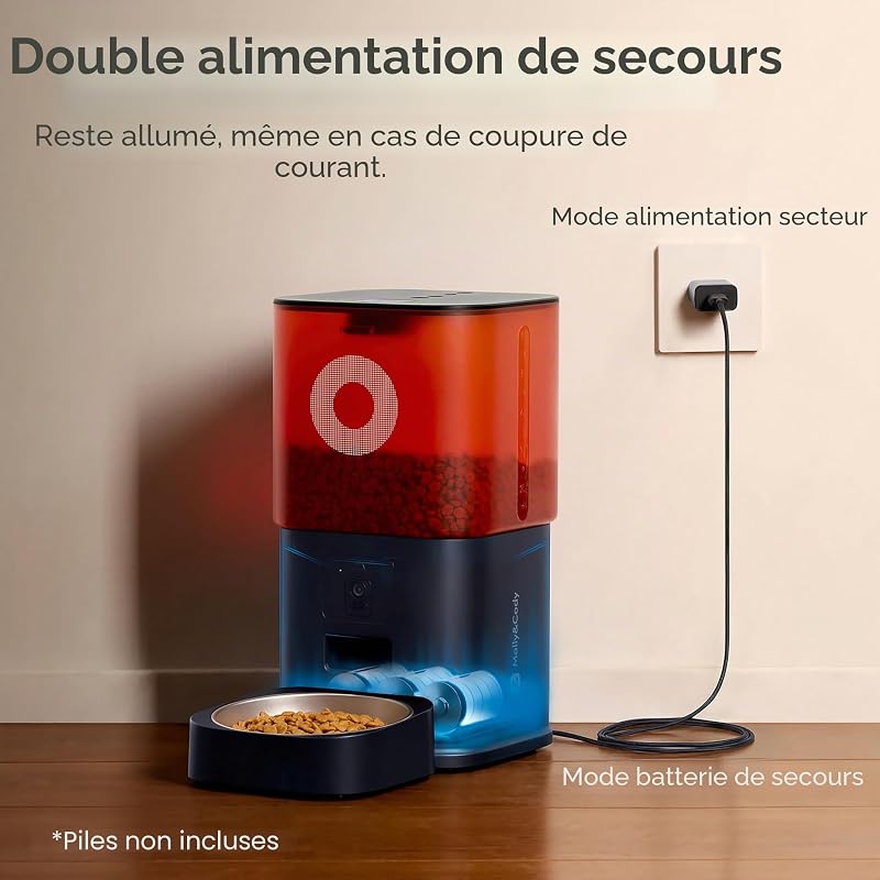Distributeur Croquettes Chat Automatique avec Caméra, 6L, pour Chat et Petit Chien, Audio Bidirectionnel, Vision Nocturne, Contrôle Via App WiFi 2.4G, Bol en Acier Inoxydable (Blanc)