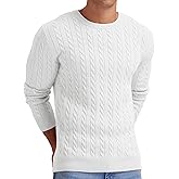 Askdeer Men's Crewneck Sweater Classic Cable Sweaters Soft Casual Knitted Pullover Sweaters White