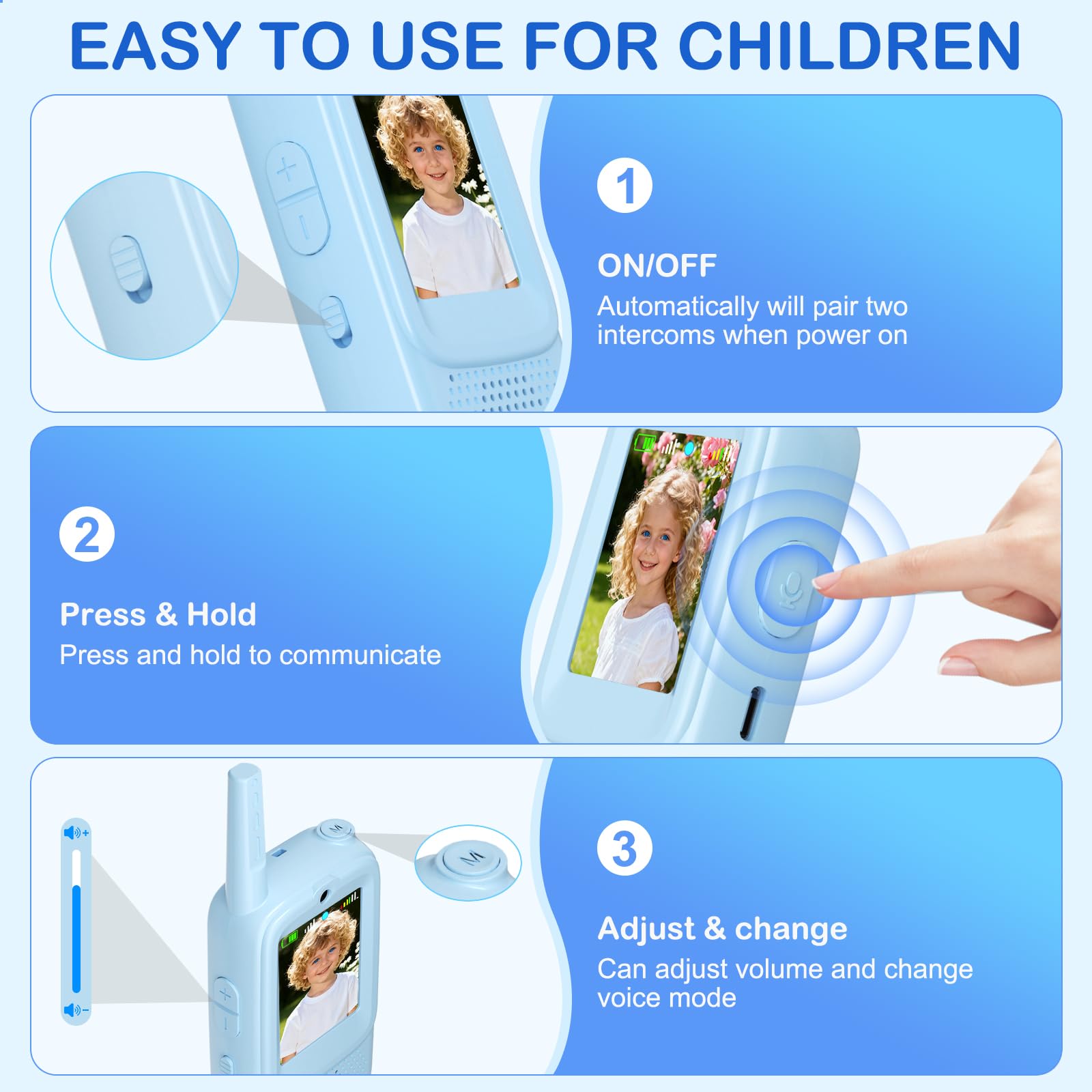 Video Walkie Talkies for Kids, Handheld 2 Pack Rechargeable Video Intercom Kids Walkies Talkies, Long Range with 3 Kinds of Voice Changer, Suitable as Gift Toys for Children Aged 3-12 (Blue/Pink)