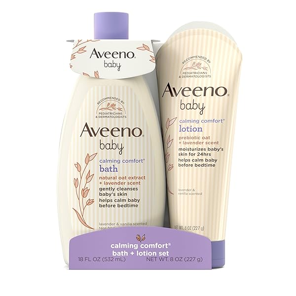 AVEENO BABY CALMING COMFORT BATH & BODY LOTION SET, NIGHTTIME BABY SKIN CARE PRODUCTS WITH NOURISHING OATMEAL PLUS RELAXING LAVENDER & VANILLA SCENTS, PARABEN- & PHTHALATE -FREE, 2 ITEMS