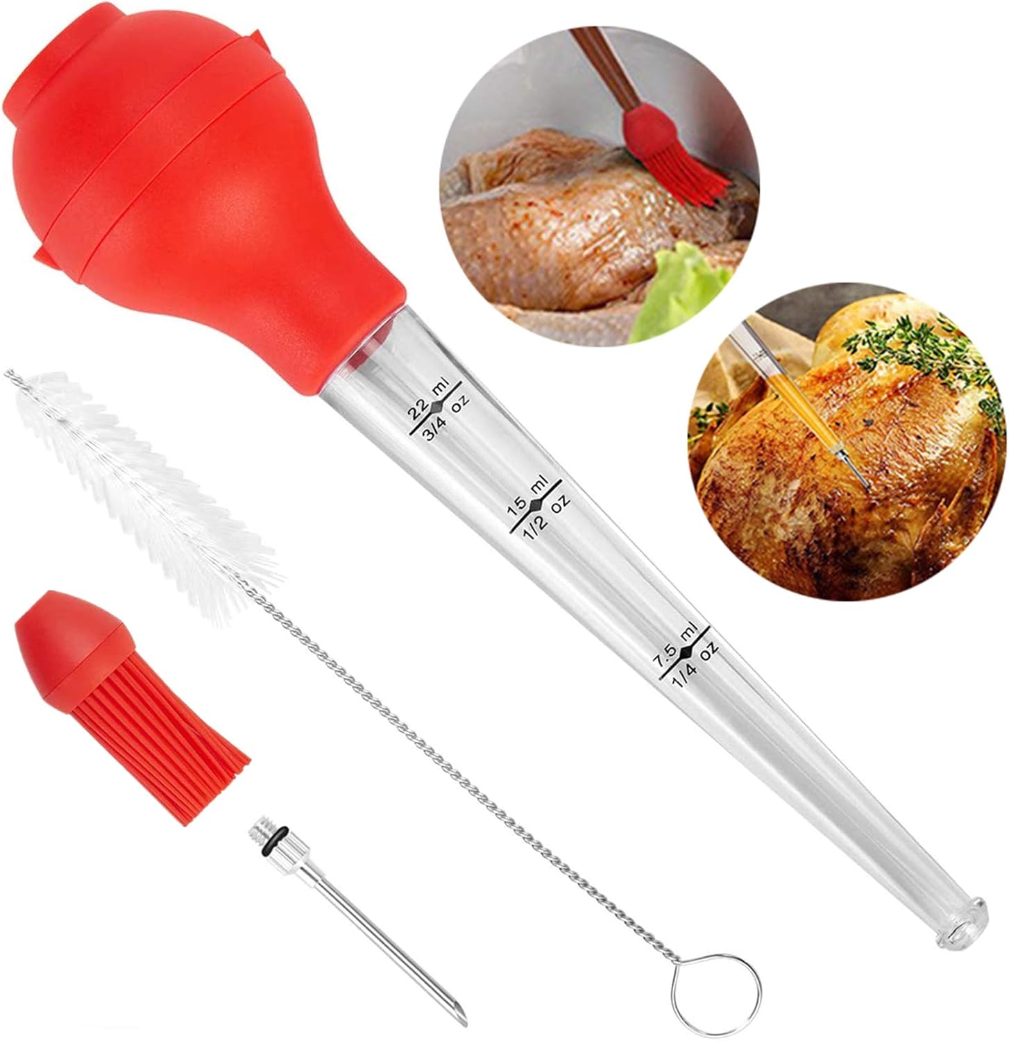 2 in 1 Turkey Baster Syringe Injector Needle for Cooking, HZGAMER Multifunction Meat Baster BBQ Set with Needles, Oil brush and Cleaning Brush