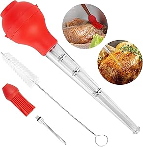2 in 1 Turkey Baster Syringe Injector Needle for Cooking, HZGAMER Multifunction Meat Baster BBQ Set with Needles, Oil brush and Cleaning Brush