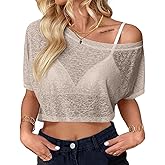 LovelyWholesale Womens Off The Shoulder Mesh Tops Short Sleeve Cropped T Shirt Clubwear
