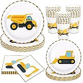 Whaline 96Pcs Construction Party Tableware Dump Truck Paper Plate Napkin Cup Yellow Black Disposable Dinnerware Set for 24 Guests Birthday Party Table Decor