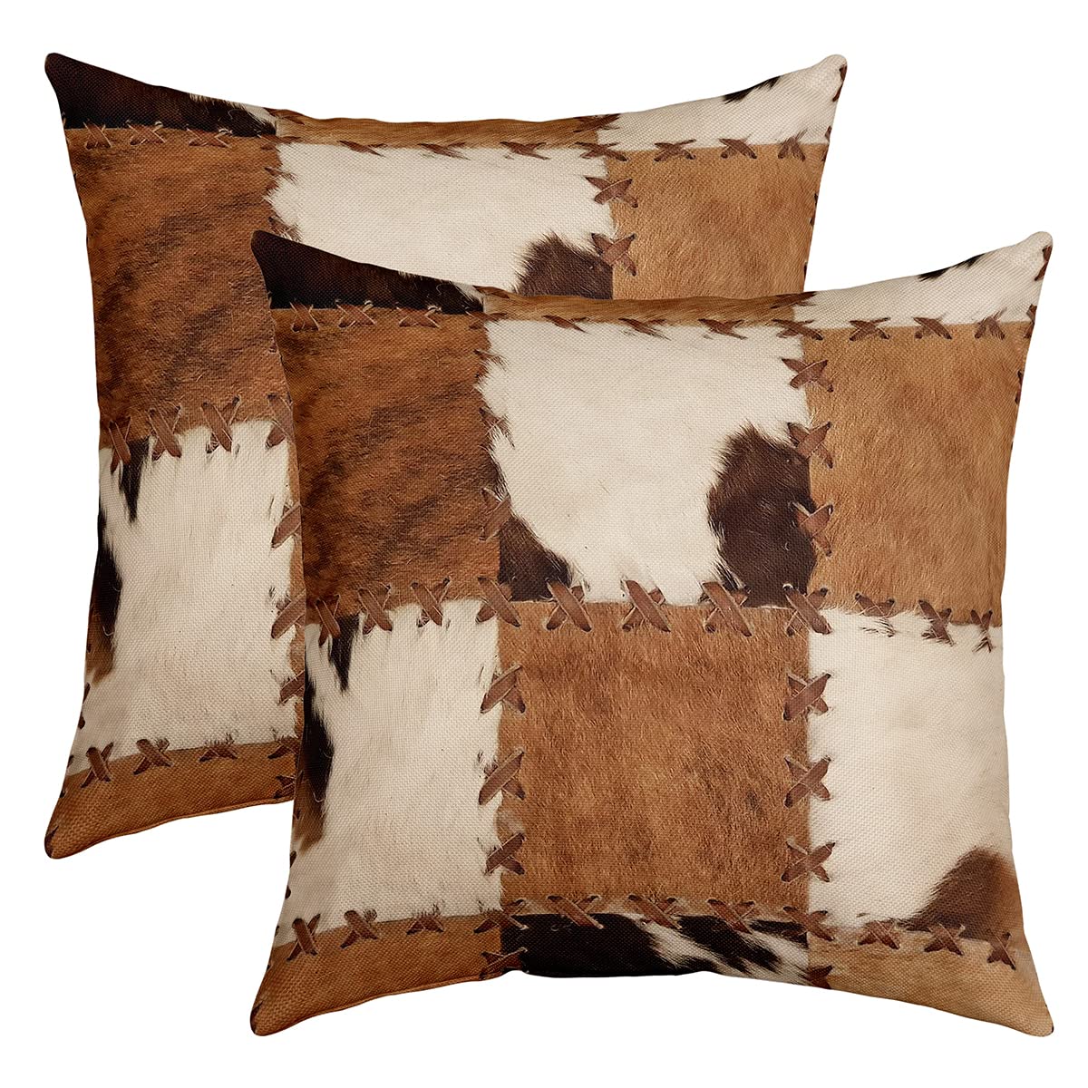 (Not Real) Cowhide Throw Pillow Covers 40x40cm Set of 2, Patchwork Cow Print Decorative Square Pillow Cases for Home Sofa Couch, Farm Style Pillow Covers, Western Cowboy Cushion Covers, Brown