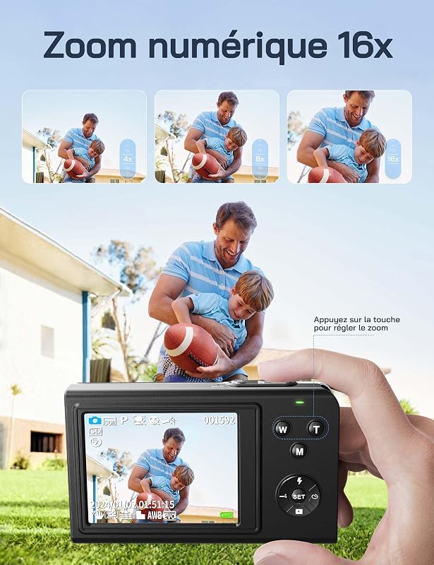 Appareil Photo numérique, caméra 4K pour Enfants, compacte 56 MP, vidéo Zoom numérique 16X, Point de Mise au Point Automatique et Appareil Photo numérique, Cadeau