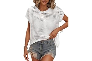 Bellcoco Womens Summer Crochet Tops Cover Up Cap Sleeve Hollow Out Tank Top Pullover Sweater Mesh Knit Beach Vacation Clothes