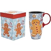 Topadorn Christmas Coffee Ceramic Mug Porcelain Latte Tea Cup With Lid 17oz. Gingerbread