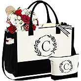 YOOLIFE Gifts for Women - Initial Canvas Tote Bag Makeup Bag, Valentines Day Gifts for Women Teacher Mom Wife Friend Birthday