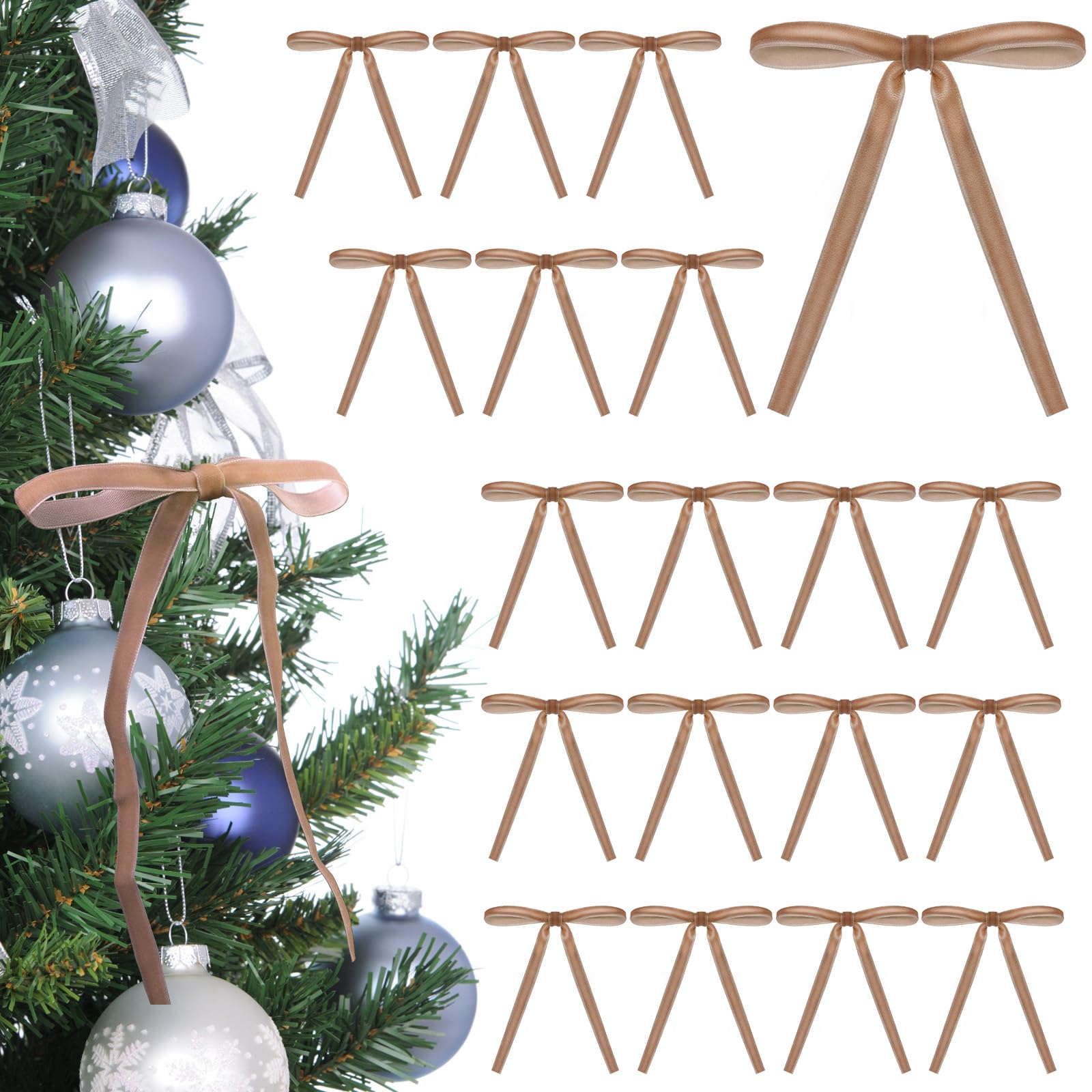 Photo 1 of 10 PACK OF Pack Velvet Christmas Tree Bows - Vintage Ribbon Bows Ornaments for Tree Garland Wreath Indoor Xmas Decorations (5 x 7 Inch, Width of 3/8'', Khaki)