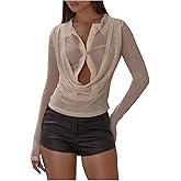 SHENHE Women's Sheer Mesh Button Down Shirt Slim Fit Long Sleeve Draped Sexy Going Out Top