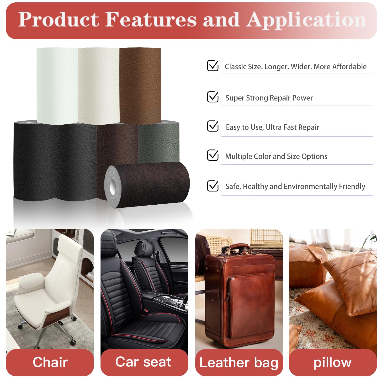 GEYYANG Leather Repair Kit for Furniture, 4 x 63 Inches self Adhesive Leather Repair Tape for Damaged Leather Furniture, Sofa Seating, Leather Goods(Black - Fine Grained)