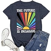 Pride T Shirts for Women Rainbow Tee LGBT The Future is Inclusive Letter Print Short Sleeve LGBTQ Support Casual Tops,Blue