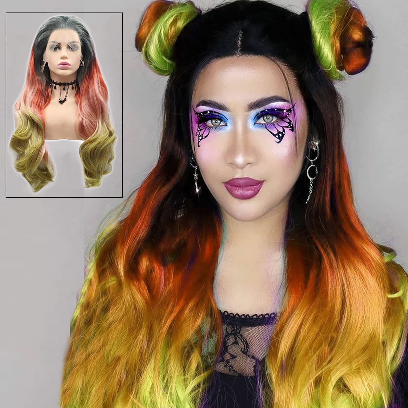 Mermaid Synthetic Lace Front Wigs for Women Long Wavy Pink Orange Green Ombre Wig with Baby Hair Glueless Heat Resistant Synthetic Hair Colorful Wedding Party Ladies' Party Holiday Weave Wigs