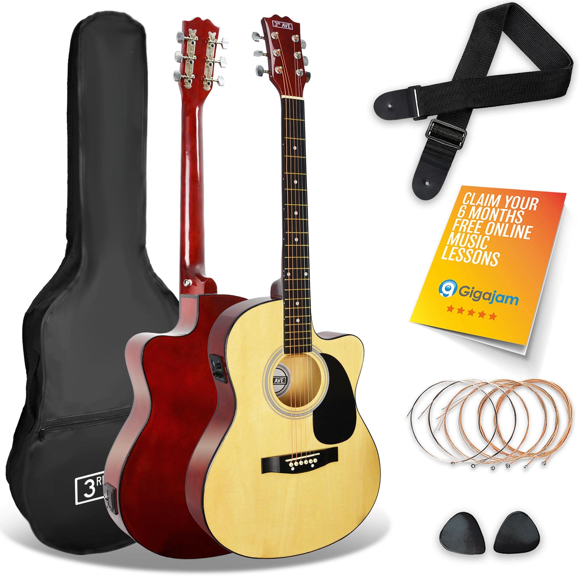3rd Avenue Full Size 4/4 Cutaway Electro Acoustic Guitar Pack Bundle for Beginners with 6 Months FREE Lessons, Built-in Tuner and EQ - Natural