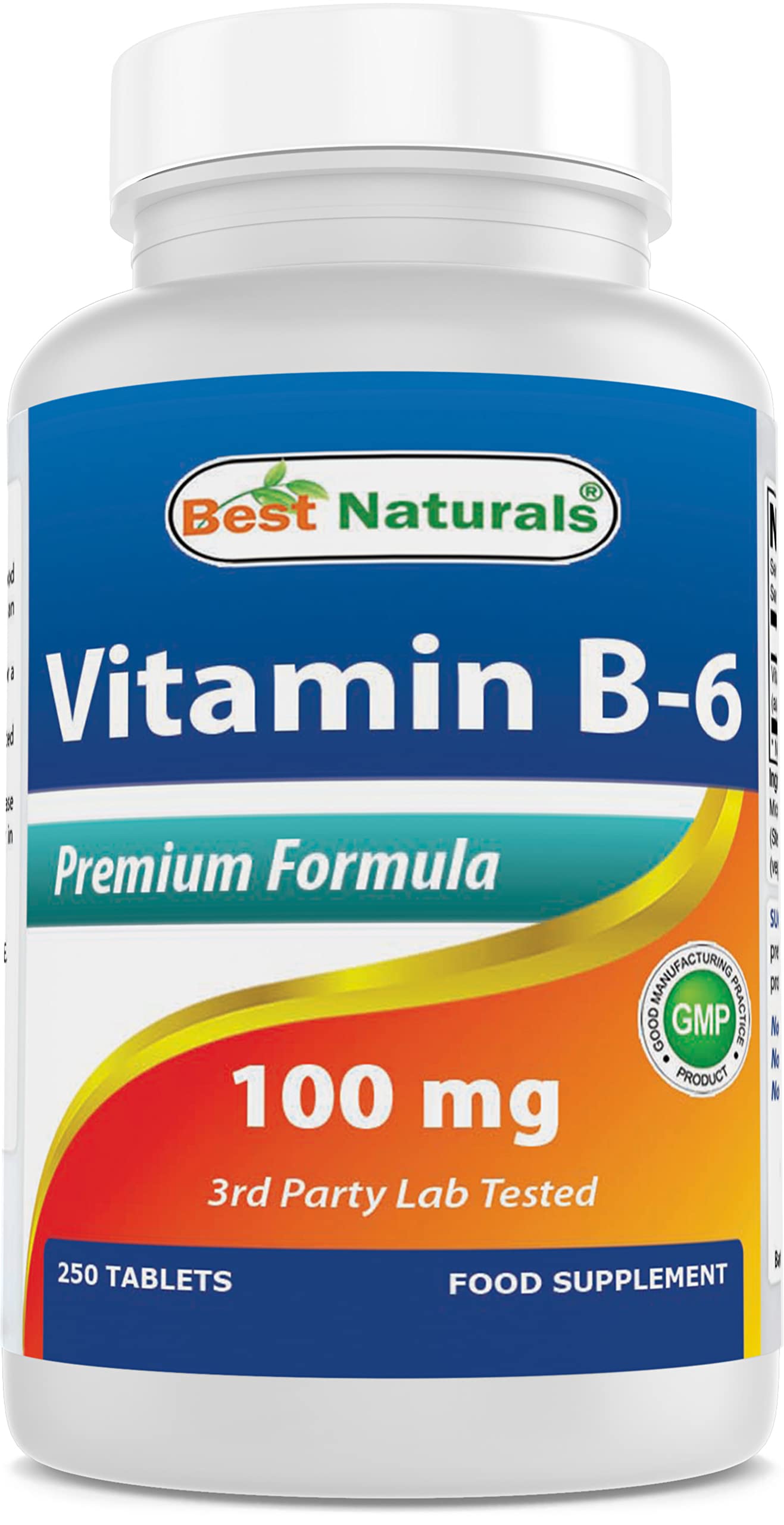 Vitamin B-6 100 mg 250 Tablets by Best Naturals -- Supports Casrdiovascular Health -- Manufactured in a USA Based GMP Certified Facility and Third Party Tested for Purity. Guaranteed!! (250 Tablets, 100 mg) (250 Count (Pack of 1))