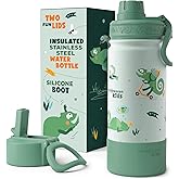 Bentoheaven Kids Water Bottle Stainless Steel for Boys & Girls, 2 Lids (Chug & Straw), Handle & Silicone Boot, Reusable Metal Leak-proof Insulated Tumbler, School & Sports 17oz (Green)