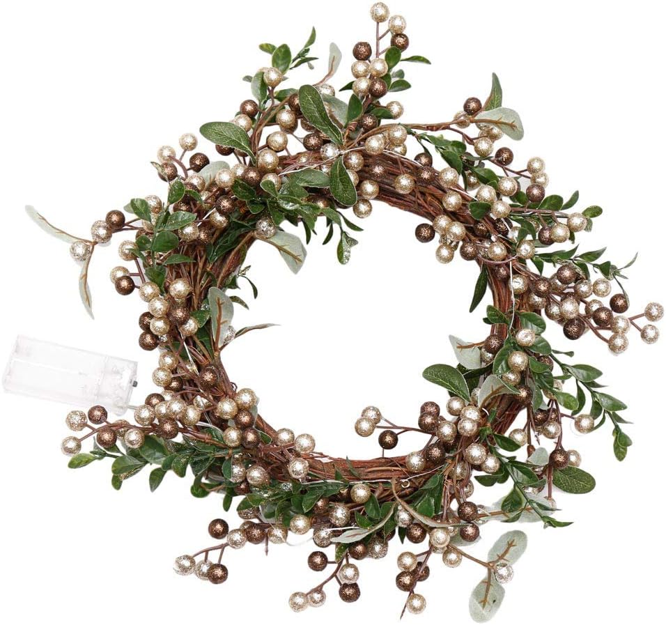 Dibor 15" Pre-Lit Large LED Christmas Door Wreath with Copper Berries & Mistletoe