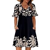 Zeagoo Summer Casual Dresses for Women A Line Sun Dress Ruffle Short Sleeve V Neck Floral Tshirt Dress with Pockets