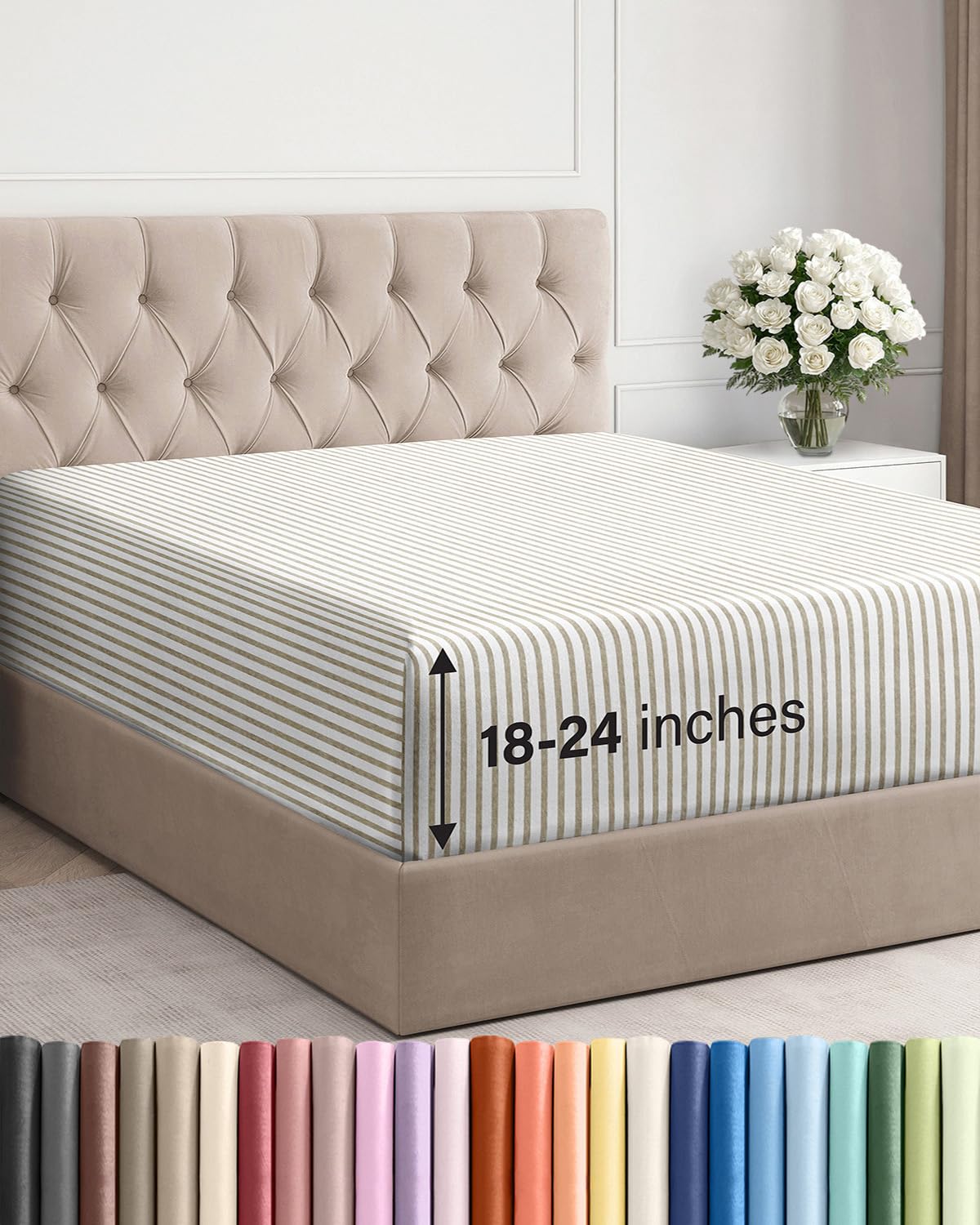 Photo 1 of Extra Deep Queen Fitted Sheet - Hotel Luxury Single Fitted Sheet Only - Easily Fits 18 inch to 24 inch Mattress - Ultra Soft, Wrinkle Free with Extra Deep Pockets - Breathable & Comfy - Beige Stripes