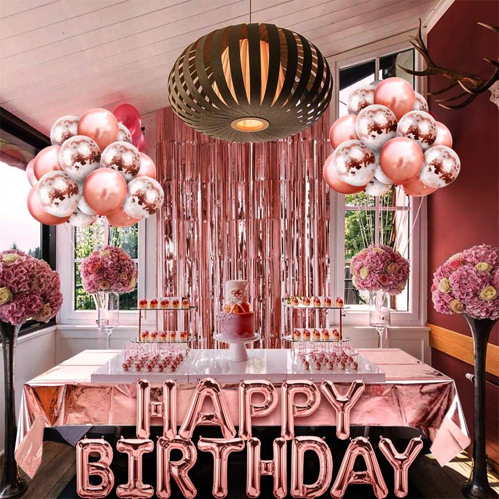 MOVINPE Rose Gold Birthday Party Decoration, Happy Birthday Banner, Rose Gold Fringe Curtain, Foil Tablecloth, Heart Star Foil Confetti Balloons, 10g Table Confetti for Women Girl Birthday Party: Toys & Games