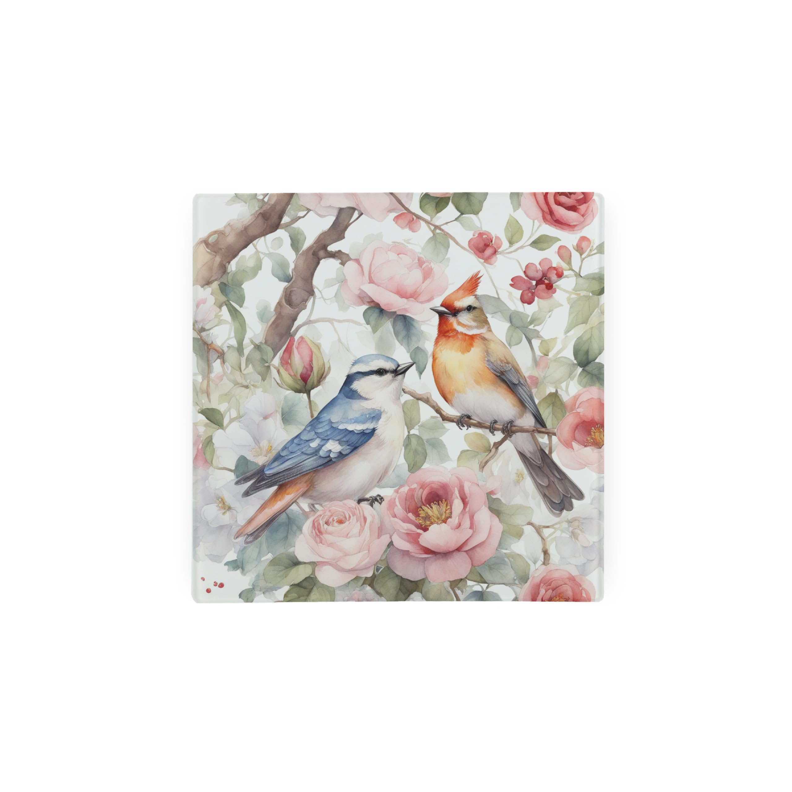 Birds And Roses Glass Hot Pot Stand - Nature Animals Kitchen Gift Trivet - Kitchen Chopping/Cutting Board Worktop Protector with Non-Slip Feet 20cm x 20cm (8" x 8")