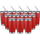 COMOOO 20oz Double Wall Vacuum Insulated Travel Mug, Stainless Steel Tumbler with Lid and Straw Durable Powder Coated Insulated Coffee Cup for Cold & Hot Drinks (red,12 pack