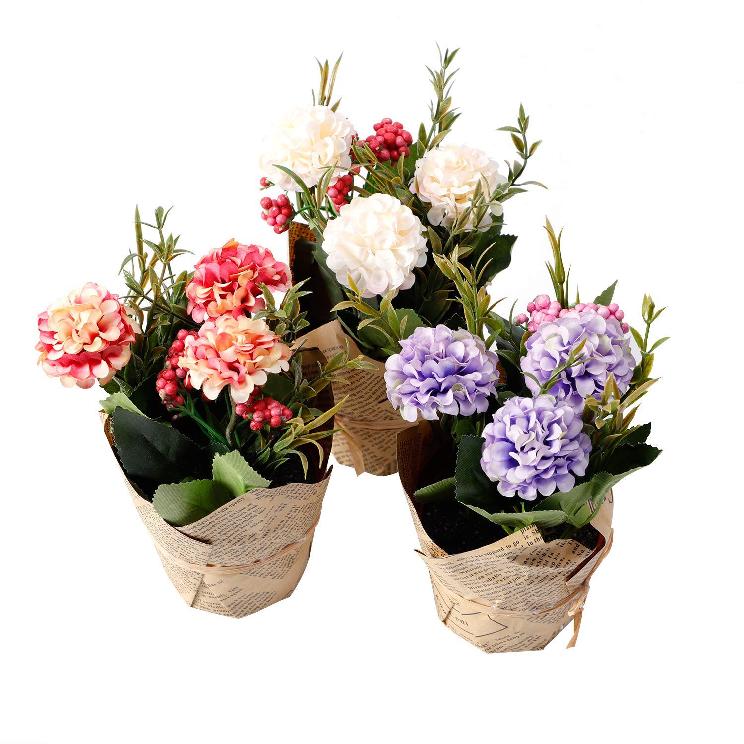 The Bloom Times Small Hydrangea Potted Artificial Plants Silk Flower Arrangements in Vases Fake Faux Flowers for Home Office Tabletop Centerpieces Wedding Shelf Indoor Decor Set of 3