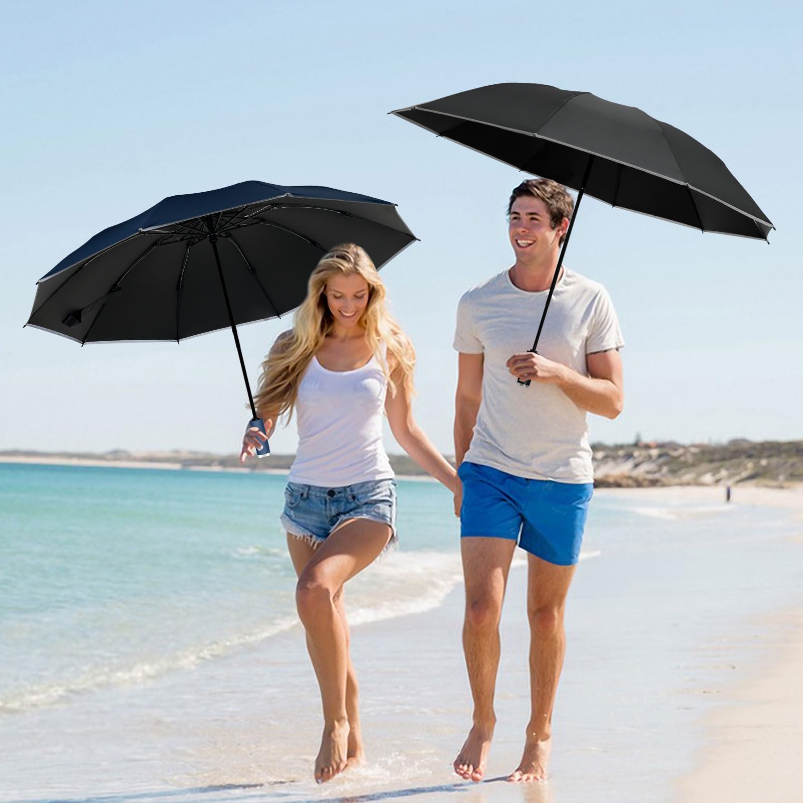 VOUUY 2-Pack Travel Umbrella, Unbreakable 10 RIBS, Windproof Umbrellas for Rain & Sun, Automatic, Foldable Reverse Rain Umbrella for Women Men