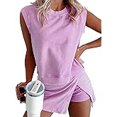 KevaMolly Womens Travel Outfits Summer Lounge Set Two Pieces Mineral Wash Cotton Tank Top Lined Split Athletic Skirt Set