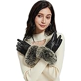 Women Genuine Leather Gloves Touchscreen Texting Warm Driving Lambskin Leather Gloves with Fox Fur Trim Cuff