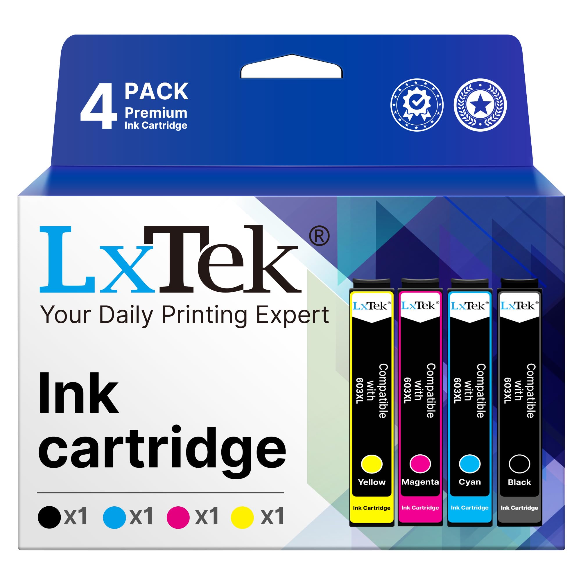 LxTek 603XL Compatible Ink Cartridge Replacement for Epson 603 XL for XP-4100 XP-3100 XP-2100 XP-2105 XP-4105 XP-3105 Workforce WF-2830 WF-2850 WF-2835 WF-2810 (Black Cyan Magenta Yellow，4-Pack)