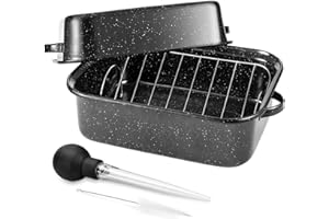 21Inch Roasting Pan, Extra Large Rectangle Roasting Pan With Rack, 25lb Capacity, Large Roaster pan for Baking Turkey, V-Rack and Versatile Lid Bone Turkey Baster by DIMESHY