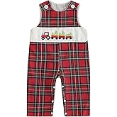 AUJUBUY My First Christmas Baby Boy Outfit Newborn Plaid Santa Overalls Jumpsuit Smocked Romper Fall Christmas Clothes