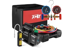 PB MOTOR TECH BMT PB Motor TECH 4.5CFM 1/3HP Vacuum Pump with 3-Way AC Manifold Gauge Set for R134a R12 R22 R502, with Leak Detector, R134a Puncture Can Tap and Other Accessories