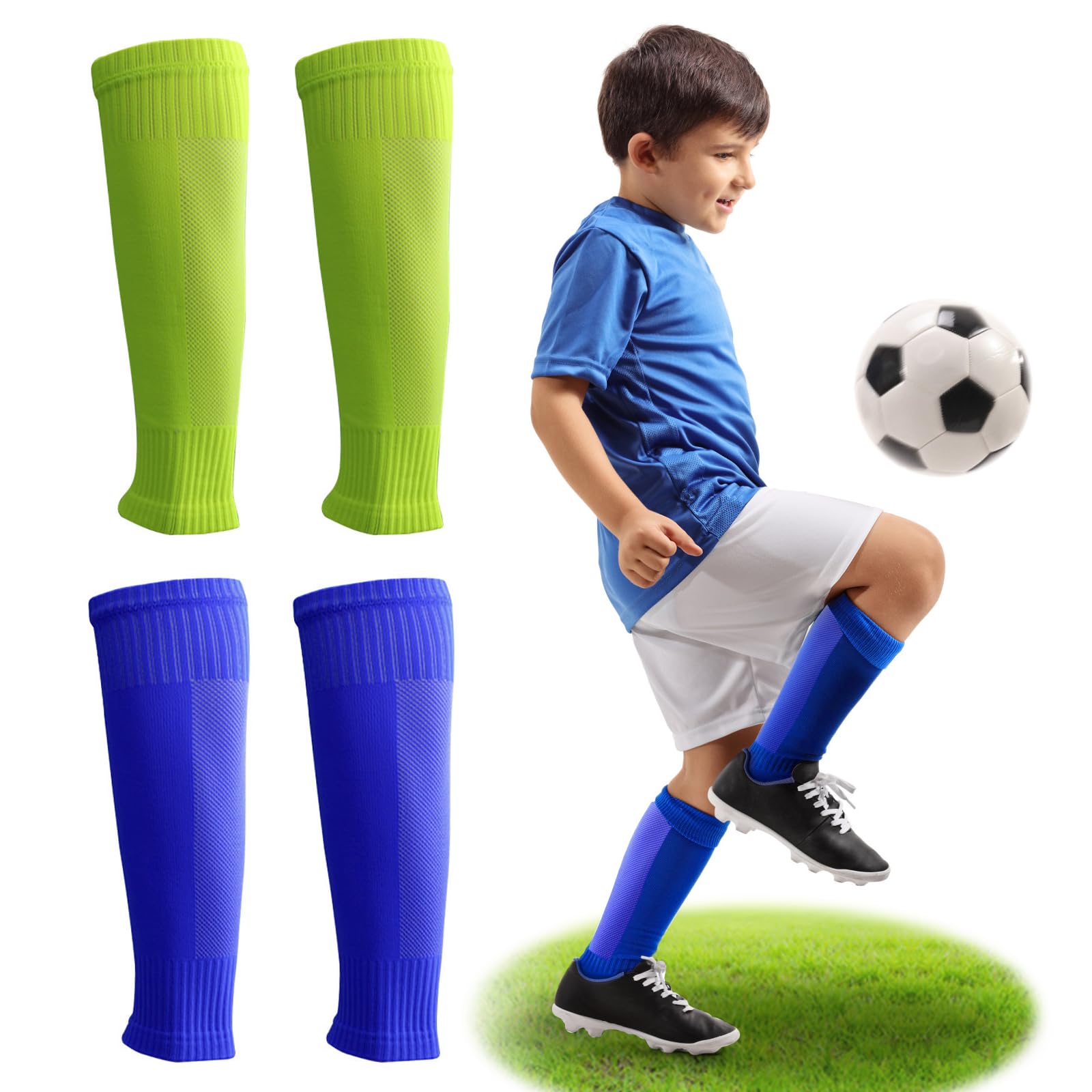 Football Sock Sleeves Kids, 2 Pairs Footless Football Socks Elastic Leg Football Sleeve Socks Breathable Football Shin Pad Sleeves Pre Cut Football Socks for Junior Sports Activities 10-14 Years