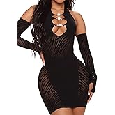 himifuns Women Sexy See Through Mesh Bodycon Dress Zebra Print Hollow Out Club Mini Dress