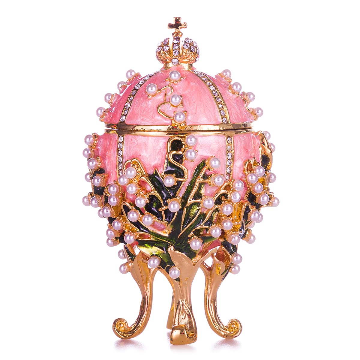danila-souvenirs Glamorous Style Lilies of the Valley Easter Egg Trinket Jewel Box with Imperial Crown 8,5 cm pink