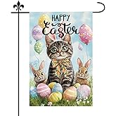 Happy Easter Cat Garden Flag, 12x18in Double Sided Easter Cat Bunny Balloon Eggs Flowers Grass Yard Flag Seasonal Garden Decoration for Spring Outside Yard Holiday Decorations