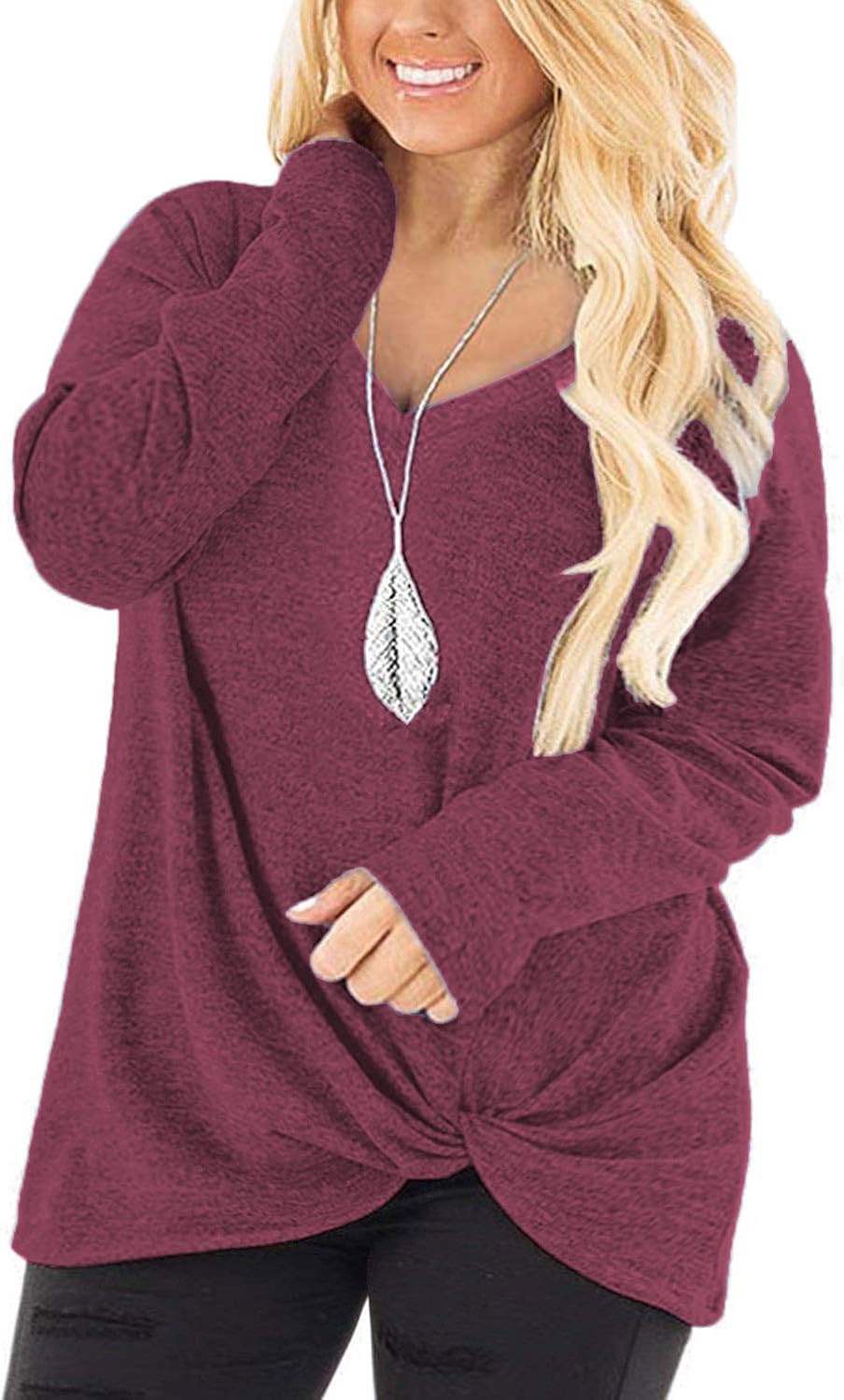 DOLNINE Womens Plus Size Knotted Tops Long Sleeve Tee Shirts Loose Casual Blouse at  Women’s Clothing store