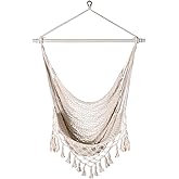 Handwoven Cotton Rope Hammock Chair with Metal Spreader Bar, Boho Hanging Chair Bedroom, Indoor Outdoor Swing Chair with Tassle, SandyBeach White