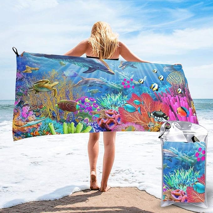 Quick Dry Beach Towel,Dolphin Coral Reef Travel Microfiber