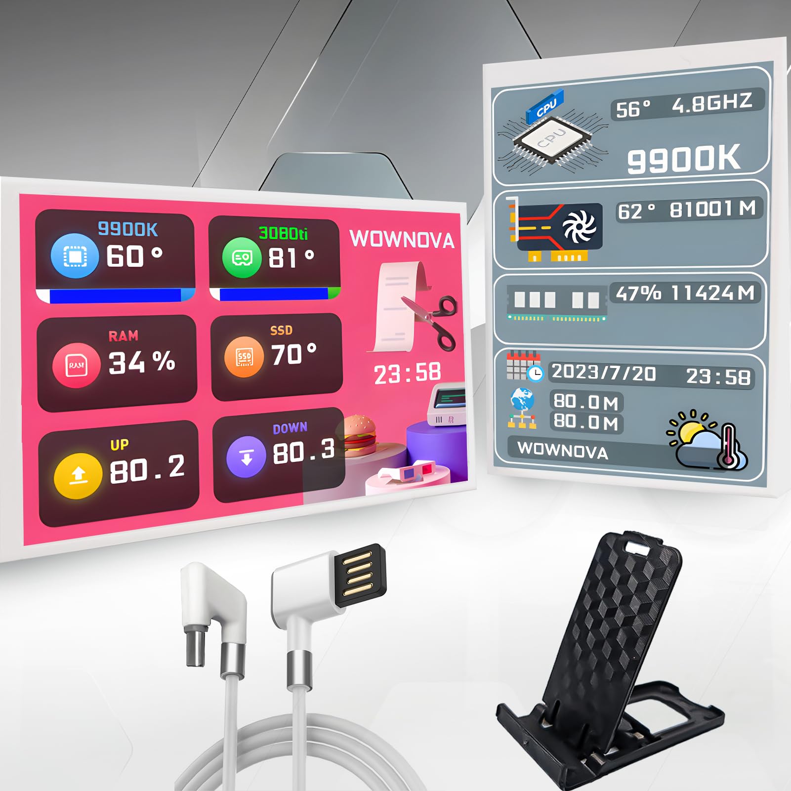 Photo 1 of WOWNOVA White 3.5in Computer Temp Monitor, ARGB PC Case Secondary Screen, USB Mini Screen, IPS Display for CPU, RAM, HDD Data Monitor