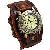 JewelryWe Wide Leather Cuff Watch Vintage Retro Quartz Punk Wristwatches for Men Women Halloween Costumes for Mother's Day