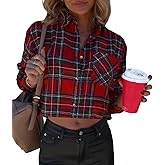 Lacozy Cropped Flannel Shirt for Women Button Down Plaid Cropped Shirt Casual Long Sleeve Crop Blouses Spring Fashion