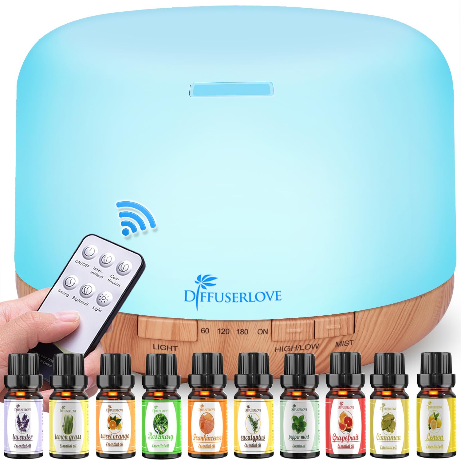 Diffuserlove Essential Oil Diffuser 500ML Remote Control Ultrasonic Aromatherapy Diffuser Cool Mist Humidifiers with Mute Design, Timer and Waterless Auto Shut-off, 7 Color LED for Office Living Room