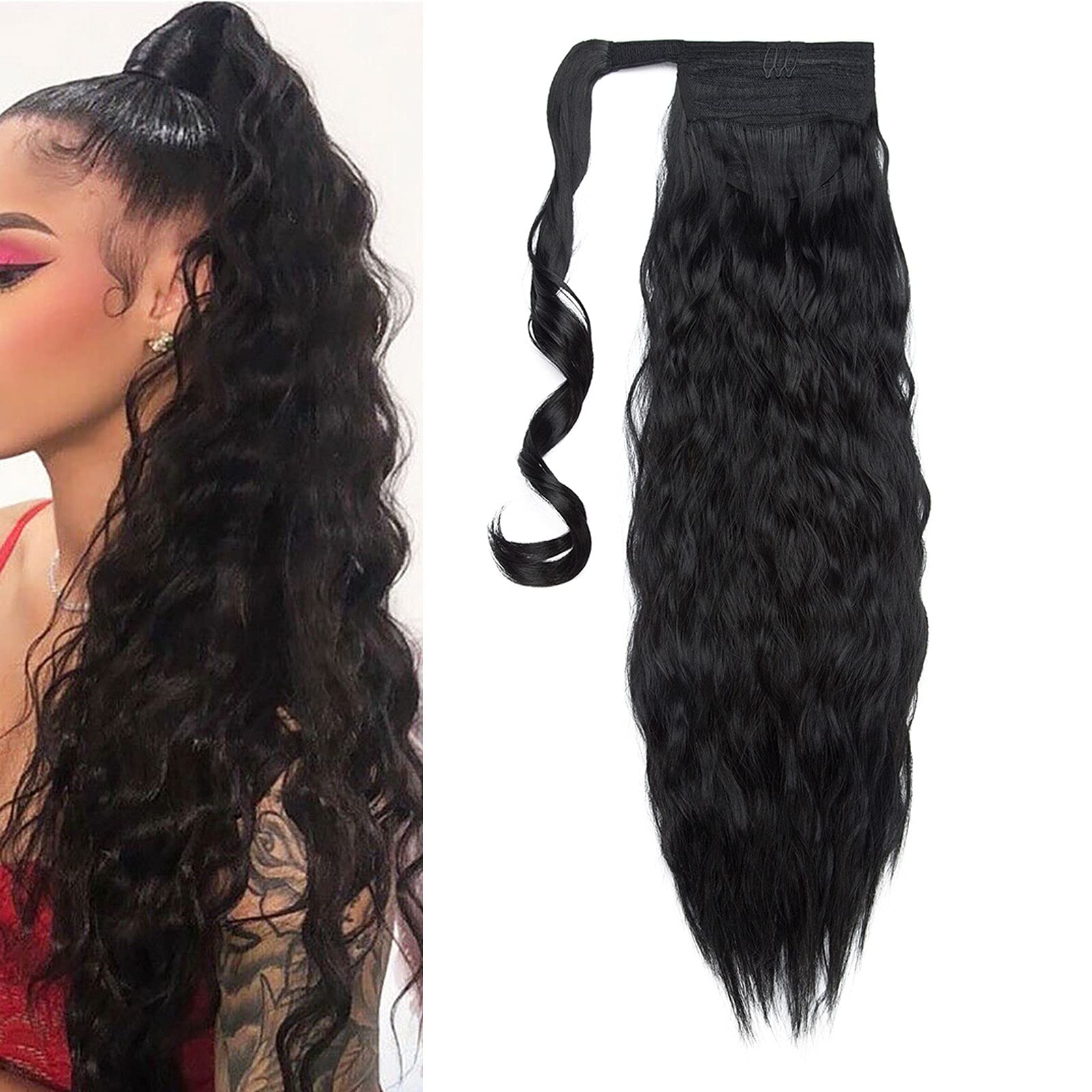 20 Inch Real Long Corn Wave Ponytail Clip in Hair Extensions Magic Paste Wavy Wrap Around Ponytail Hairpiece for Women Dark Black