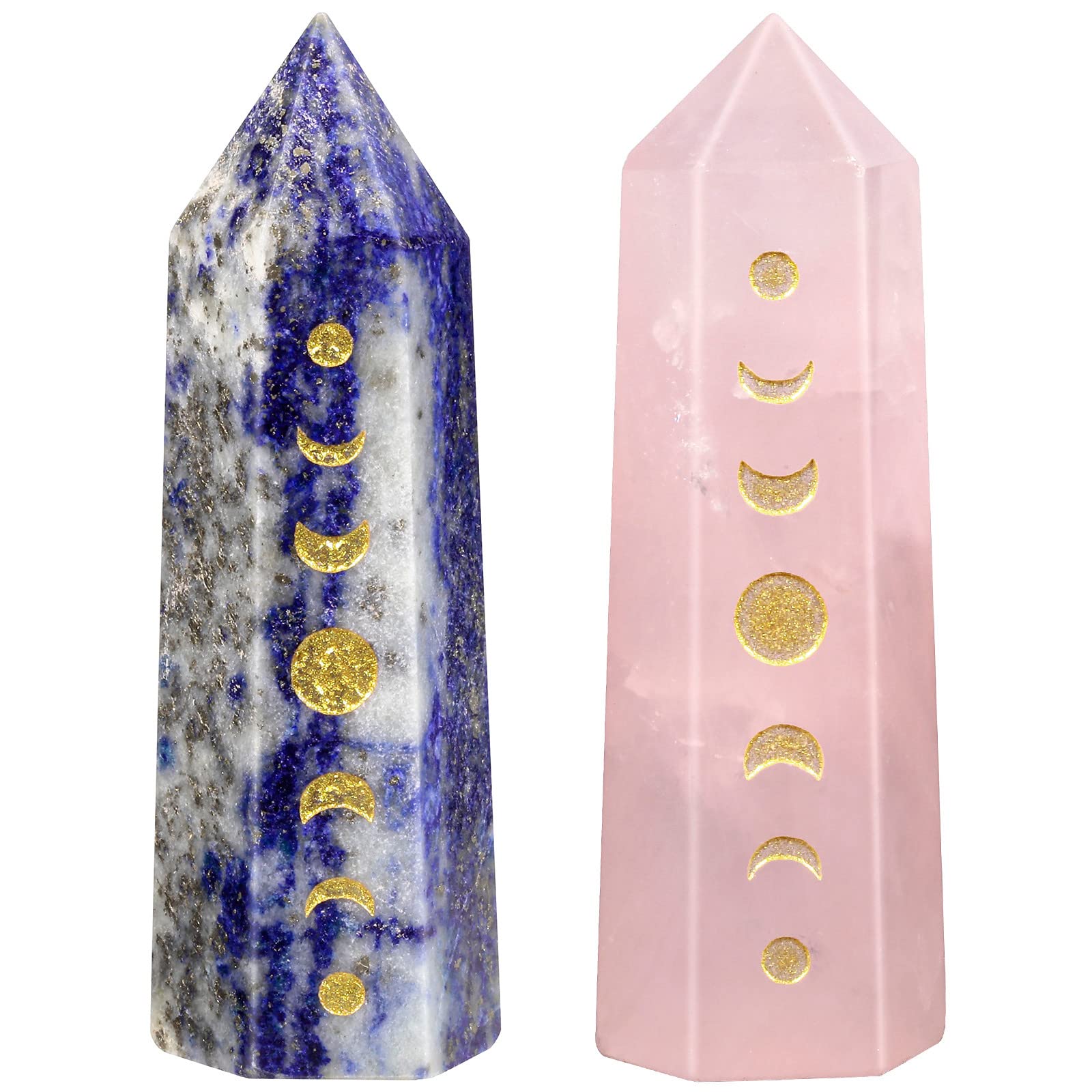 Nupuyai 2pcs Lapis Lazuli & Rose Quartz Engraved Moon Phase Lunar Eclipse Faceted Crystal Point Wand Set, Prism Quartz Point Stone for Reiki Chakra Healing Home Decor