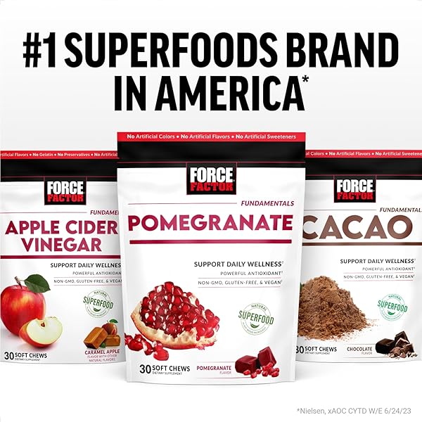 FORCE FACTOR POMEGRANATE SOFT CHEWS FOR HEALTHY AGING, HEART HEALTH, BONE HEALTH, & BRAIN HEALTH, SUPERFOOD & ANTIOXIDANTS SUPPLEMENT, NON-GMO, GLUTEN-FREE, VEGAN, POMEGRANATE FLAVOR, 30 SOFT CHEWS