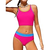 NECIOUS Girls Swimsuit Two Piece High Waist Sporty Bikini Sets Color Block Bathing Suit with Chest Pad Girls' Swimwear 9-16Y